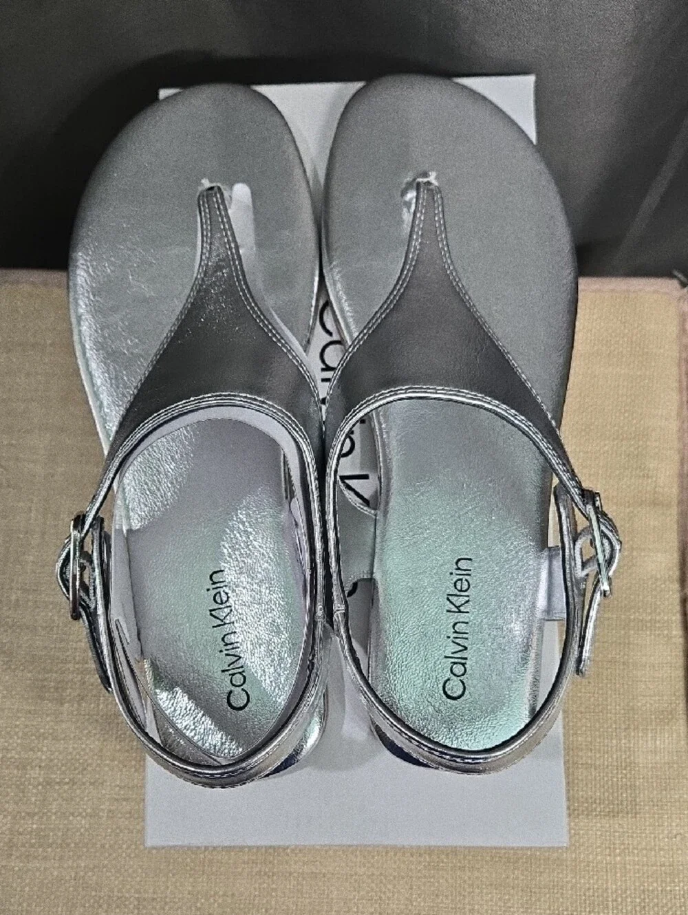 Calvin Klein Metallic Silver Thong Slingback Sandals